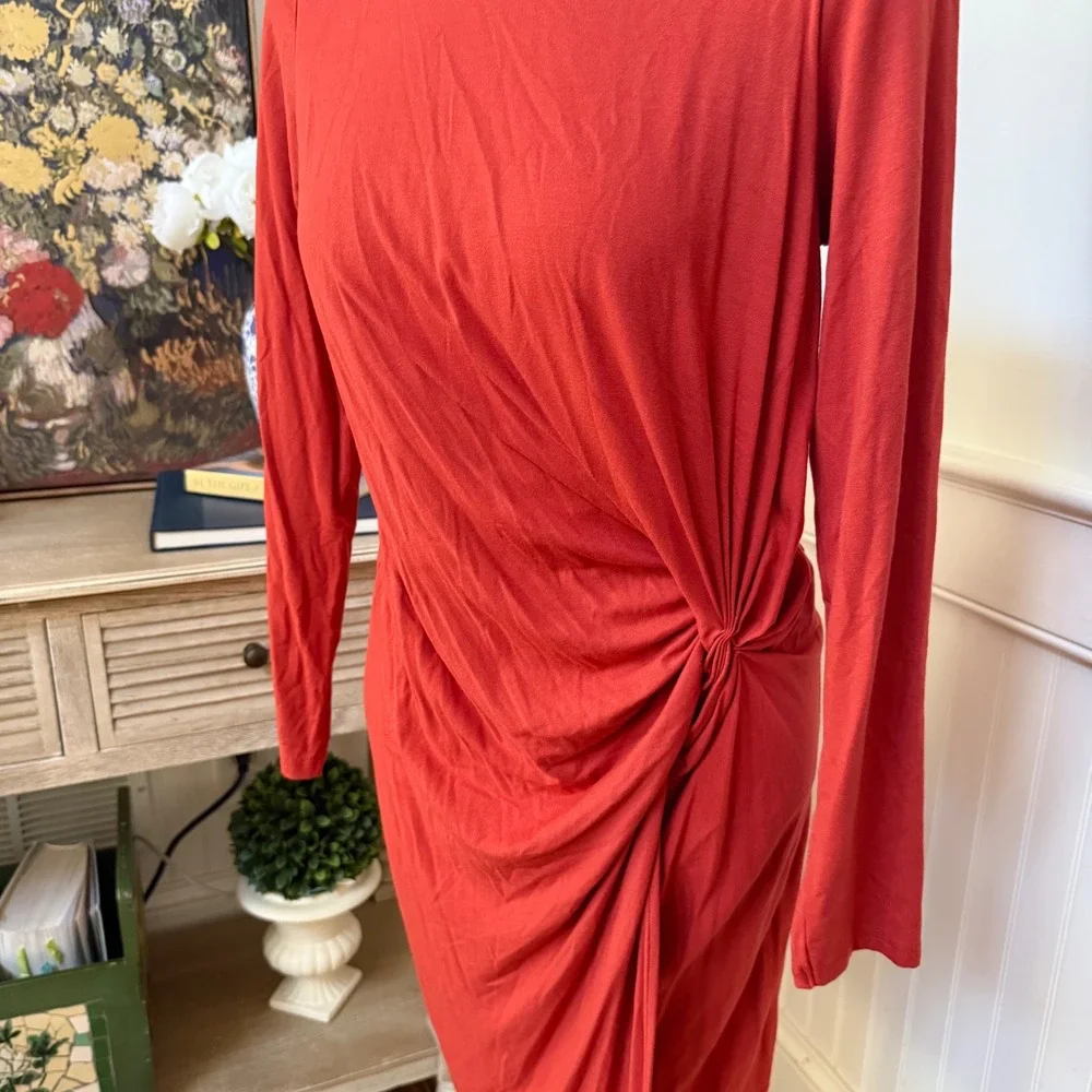 Ganni Anthropologie Burnt Orange Side Knot Scoop Back Long Sleeve Midi Dress L - Picture 2 of 7